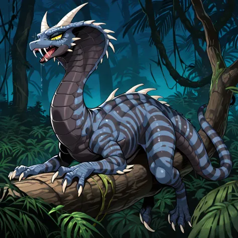 masterpiece, best quality, anime style, anime shading, full body picture, centered, female dinosaur, (cobra), monstrous body shape, ((vertigo)), yellow eyes, black scaled body, dark grey striped body, white claws, (horns:1.2), (fangs), digitigrade legs, (...