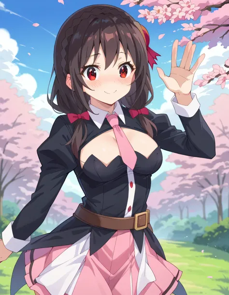 high image quality,high quality of wavy lines、 
Yunyun、 (One person)、black hair, hair accessories, red eyes,  long sleeve, tie,   Outfit Cutout, Cleavage Cut Out, pink tie、pink skirt with white boots、See viewer、(blush:1.2),Waving gesture、blue sky、cherry bl...