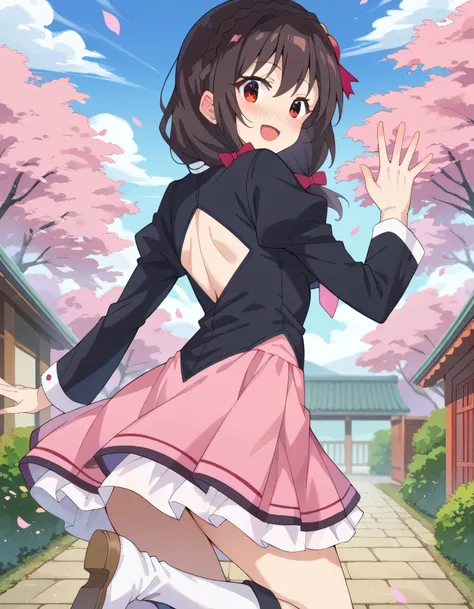 high image quality,high quality of wavy lines、 
Yunyun、 (One person)、black hair, hair accessories, red eyes,  long sleeve, tie,   Outfit Cutout, Cleavage Cut Out, pink tie、pink skirt with white boots、See viewer、(blush:1.2),Waving gesture、blue sky、cherry bl...