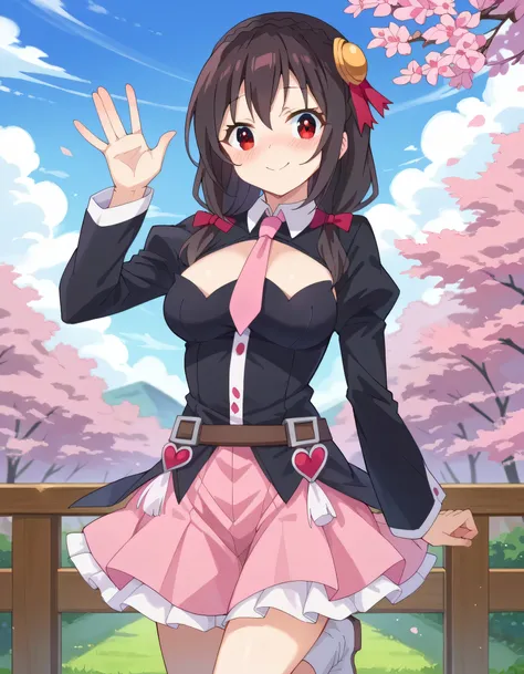 high image quality,high quality of wavy lines、 
Yunyun、 (One person)、black hair, hair accessories, red eyes,  long sleeve, tie,   Outfit Cutout, Cleavage Cut Out, pink tie、pink skirt with white boots、See viewer、(blush:1.2),Waving gesture、blue sky、cherry bl...