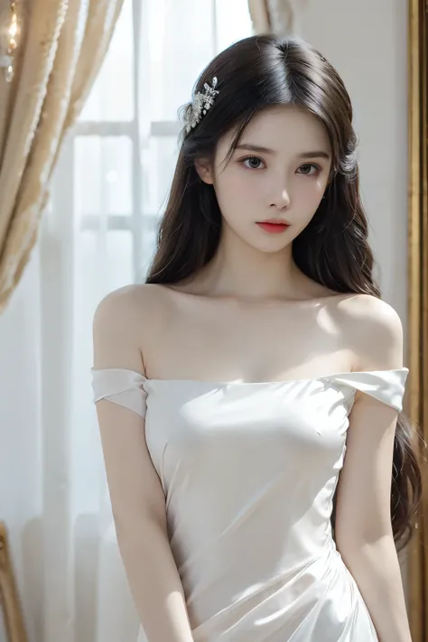 beautiful, masterpiece, best quality, Extremely detailed face,1 girl, Solitary,Light White Silk Dress,whole body