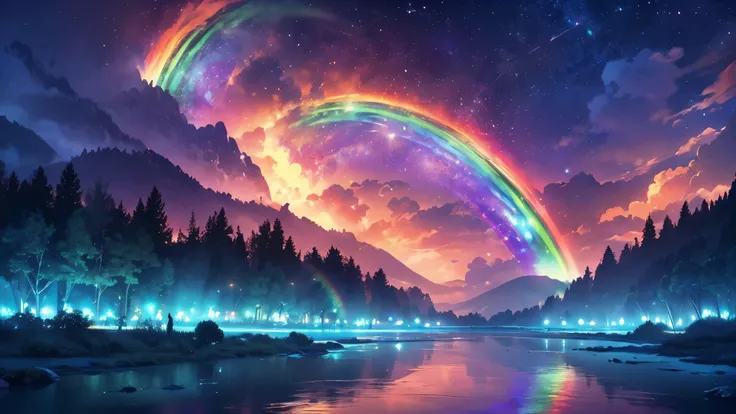 rainbow,超high image quality,high image quality,high quality of wavy lines,Enchanted Mysterious Forest , (Lots of neon colored butterflies),Majestic Atmosphere, Pure blue water river fountain, Golden Mini Fairy, (((emits fluorescent blue, lots of succinants...
