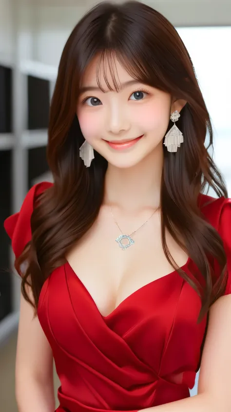 (1 photo:1.5)、(long hair:1.5)、1 girl、japanese girl、Highest quality, (cute:1.5)、Very delicate eyes、Brown eyes、22-year-old female、office、Date、(red dress:1.8)、smile、cheeks are slightly plump、As if looking up from below、Various poses、Various hairstyles、Highly ...