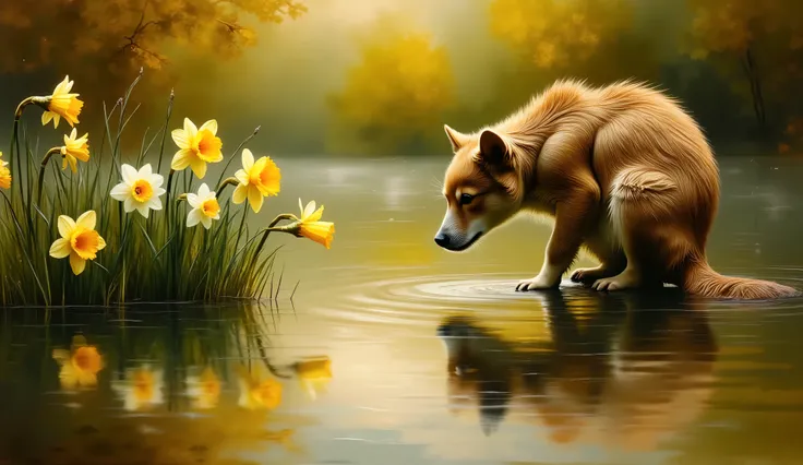 naturalistic oil painting of Narcissus, caught in a moment of admiration as he gazes into the still waters of a lake. The color palette is dominated by warm burnt orange and olive green, with Narcissus flowers visible along the shoreline, their vibrant yel...