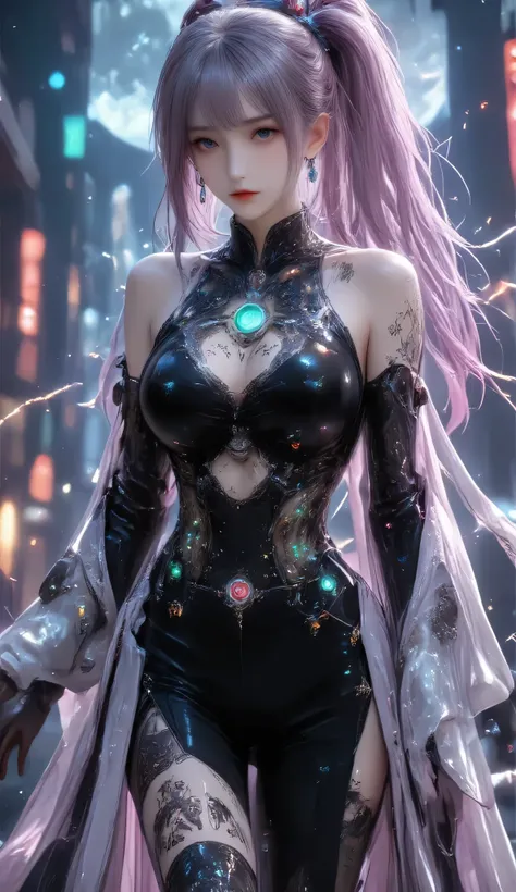 ((Chest:2.0)), ((Chest:2.0)), ((flowing hair with a gradient of silver to green:2.0)), Abdominal musclesurdly long hair, ((tall ponytail earrings:2.0)), (Long Legs:2.0), ( paint a delicate face :1.0), ((green and pink colored eyes:2.0)),
(Full body ima...