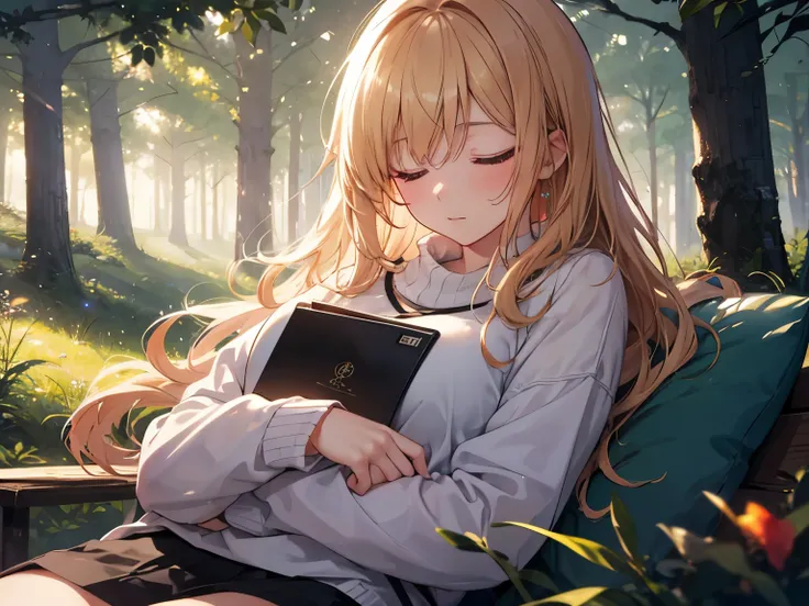 sleeping girl,forest,nature,relax,peace,fantasy,4K,8k,high resolution,masterpiece,warm and cozy,high resolution,超high resolution,studio lighting,High quality DVD, bright light,Bokeh