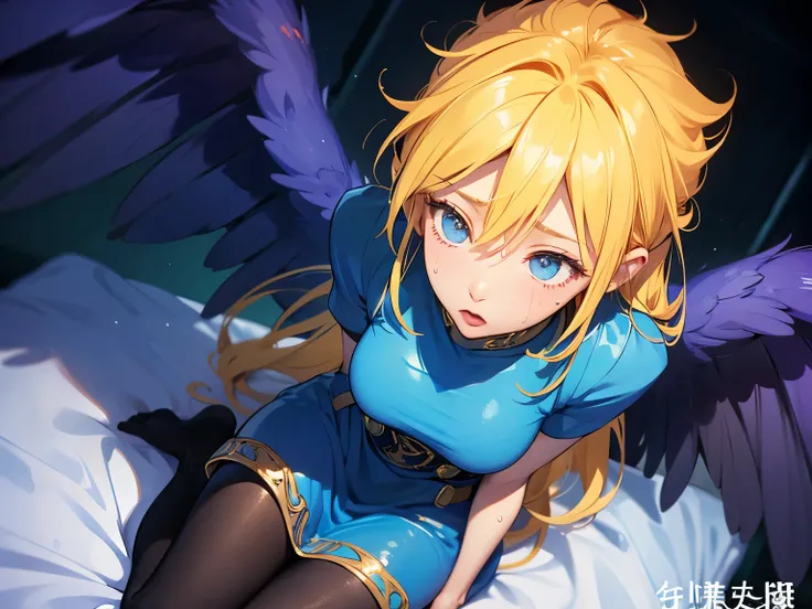 The old inn 、Kneeling in bed 、shot from above、Nina、breath of fire2, Gold、blue dress、pantyhose, black wings、face close up,Blowjob、(cover、sweat、sad、orgasm、sweat)