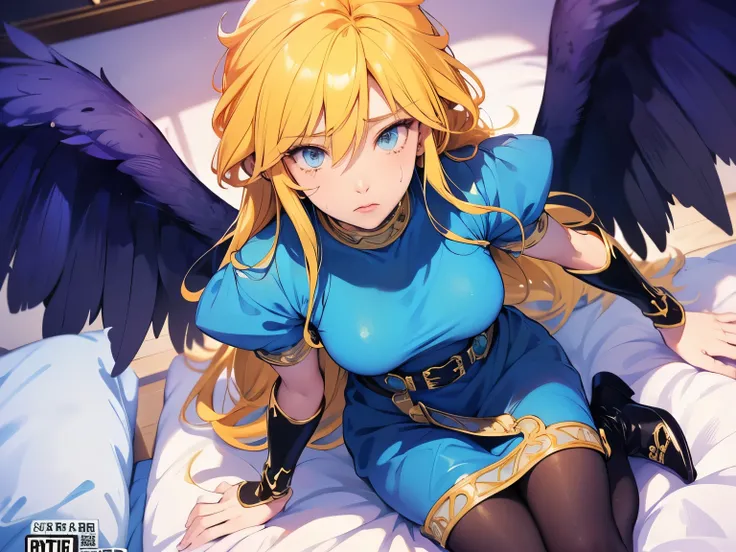 The old inn 、Kneeling in bed 、shot from above、Nina、breath of fire2, Gold、blue dress、pantyhose, black wings、face close up,paisuri、(cover、sweat、sad、orgasm、sweat)