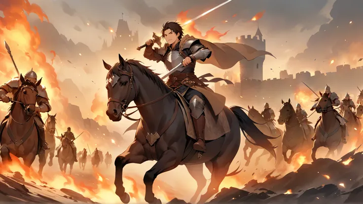 fantasy。middle ages。A young male warrior riding a horse and holding a sword while facing the enemy on the battlefield。A warrior who runs through a battlefield on horseback。The castle is burning in the distance。war。Heading towards the enemy。brave expression...