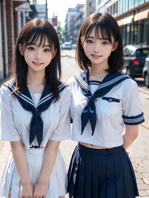 ((2girls, Two girls standing side by side)), ((sailor suit, mini skirt)), (((The girl on the left has large breasts, The girl on the right has small breasts:1.4, The girl on the left has short hair, The girl on the right has long hair, The girl on the left...