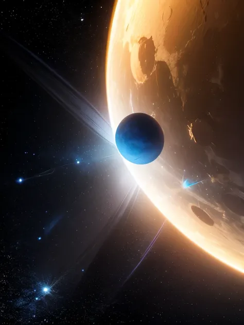 A vivid, celestial scene reveals a sweeping view of a planet, likely Venus, bathed in an ethereal ambiance. The planet's surface exhibits swirling clouds painted in shades of gold and deep blue, creating a dramatic contrast against the vast darkness of spa...