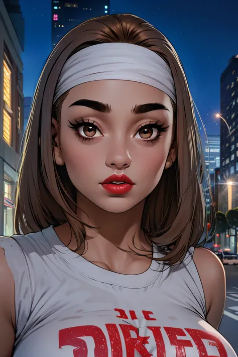 night sky, city street, perfect face, straight hair, lightest brown hair, white headband, black eyebrows, thick eyebrows, black eyeliners, big eyes, light brown eyes, bright red lips, thick lips, beautiful woman, white tank top