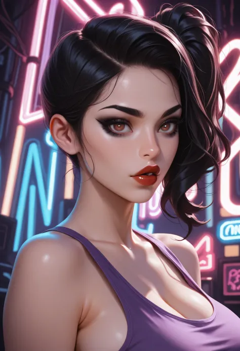 woman, (perfect face), detailed pupils, side ponytail, black hair, black thin eyebrows, brown eyes, purple eyeshadows, black eyeliners, nose, dark red lips, thick lips, parted lips, tank top, purple tank top, large breasts, ((neon light))