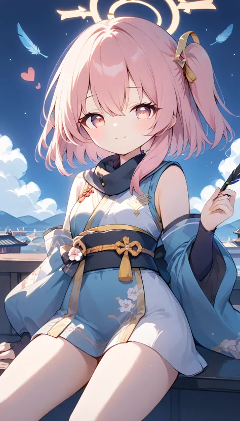 Serina (blue archive),pink eyes,pink hair,one side up,((yellow halo)),　sleeveless, Heart, japanese clothes, feather,　Alone, eyebrows can be seen from inside the hair, hair between eyes, viewers, masterpiece, best quality, very aesthetic, thick thighs,　Outd...