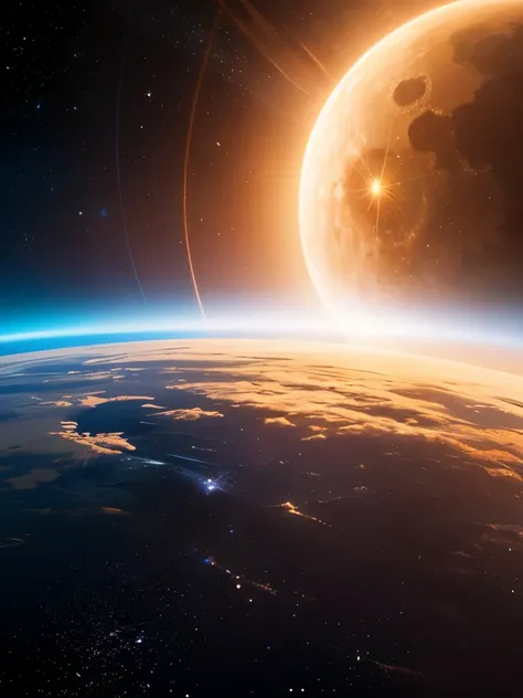 A vivid, celestial scene reveals a sweeping view of a planet, likely Venus, bathed in an ethereal ambiance. The planet's surface exhibits swirling clouds painted in shades of gold and deep blue, creating a dramatic contrast against the vast darkness of spa...
