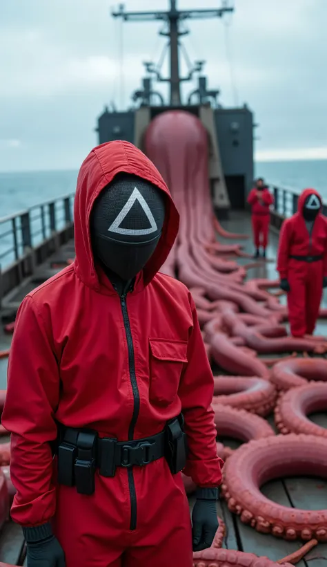 A Squid game guard dressed in a red hooded jumpsuit, black gloves, and a tactical belt. The guard wears a sleek black mask with a white geometric symbol (triangle) covering the face on a massive ship in the middle of the ocean, each with clearly defined ...