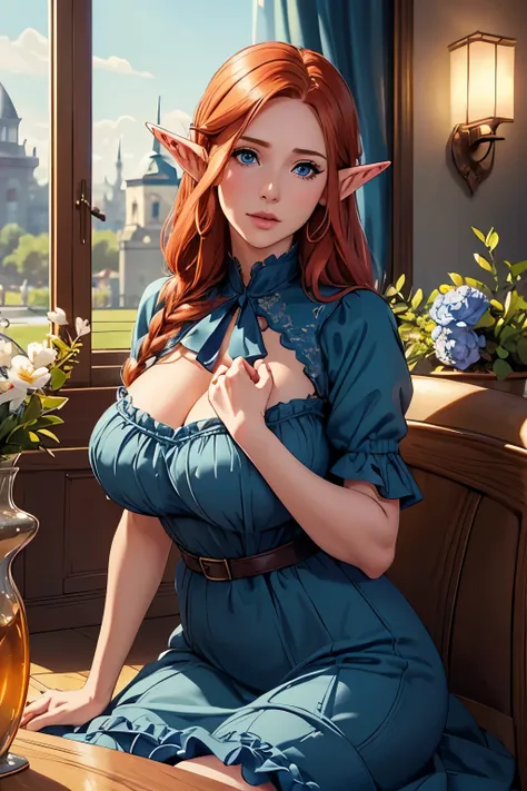 Beautiful Farmer with Braids . (( Redheaded Woman, mature adult woman , mature MILF's face , long hair , pointy ears , elf ear)), Perfectly round face . cute and charming face ...