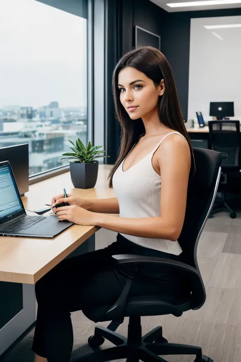 A woman with dark brown hair , smooth, cut just 4 centimeters below the shoulders. She has big, dark brown eyes and a heart-shaped face. The woman is seated in an ergonomic office chair, in a sophisticated and modern work environment. Behind her, there is...