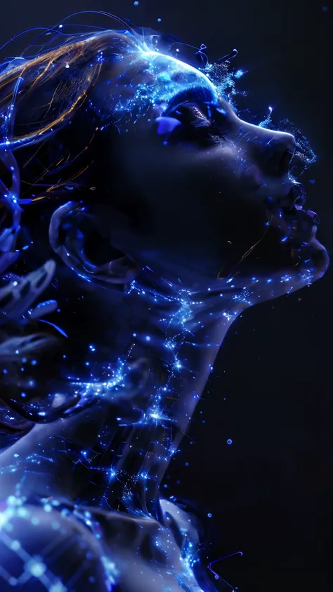 Abstract art, 1girl,full body, , blue theme, from side, black background, profile, simple background, blue skin