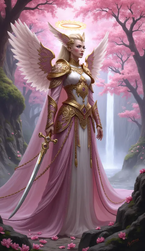 Aasimar, Sakura Queen, high-fantasy Dungeons & Dragons setting, standing, ancient enchanted cherry blossom grove, divine presence, soft pink mist, ornate celestial armor intertwined with sakura petals, engraved with intricate arcane runes that glow faintly...