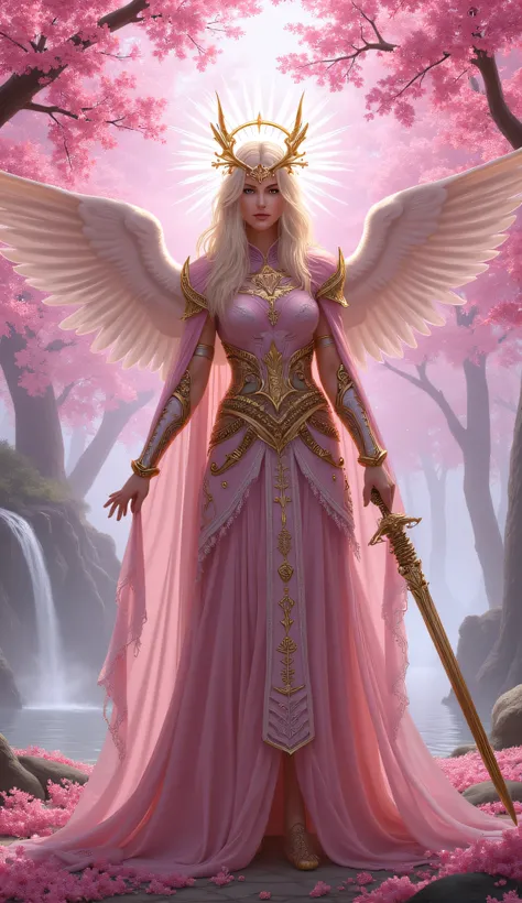 Aasimar, Sakura Queen, high-fantasy Dungeons & Dragons setting, standing, ancient enchanted cherry blossom grove, divine presence, soft pink mist, ornate celestial armor intertwined with sakura petals, engraved with intricate arcane runes that glow faintly...