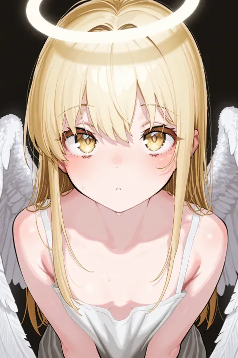 aruhshura, [artist:yoneyama mai], [artist:kanzarin], [artist: ekrea_jan], masterpiece,best quality,amazing quality, 748cmstyle, eye focus, solo, 1girl, halo, white clothes, angel wings, blonde hair, youthful, beautiful eyes