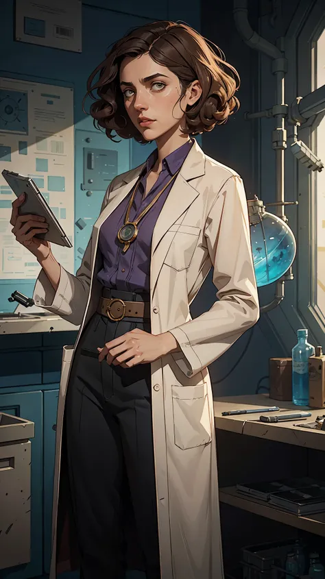 marqual, young female character in a scientist lab coat and holding futuristic tablet, medium length curly bob hair, Watercolor expressionist, disco elysium, dishonored, concept art style, dave mckeans, Warren Ellis and illustrated by Ben Templesmith, stan...