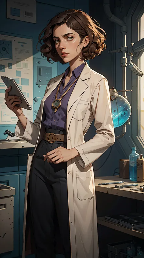 marqual, young female character in a scientist lab coat and holding futuristic tablet, medium length curly bob hair, Watercolor expressionist, disco elysium, dishonored, concept art style, dave mckeans, Warren Ellis and illustrated by Ben Templesmith, stan...