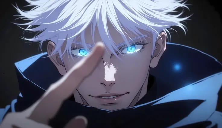 (Ultra-detailed, 8K resolution, cinematic lighting, hyper-realistic, masterpiece, anime-style semi-realism)
A highly detailed, anime-style digital painting of Gojo Satoru, a tall and confident sorcerer with striking white hair that flows wildly and glowing...