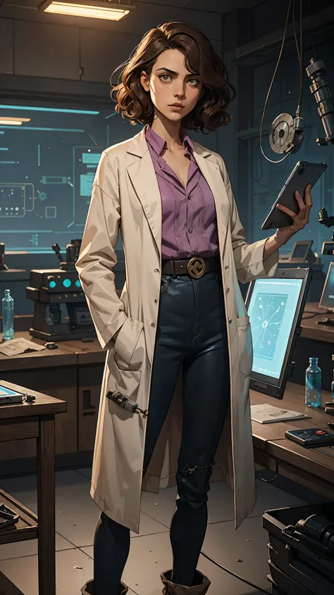 marqual, young female character in a scientist lab coat and holding futuristic tablet, medium length curly bob hair, Watercolor expressionist, disco elysium, dishonored, concept art style, dave mckeans, Warren Ellis and illustrated by Ben Templesmith, stan...