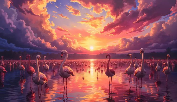 An oil painting in the Baroque chiaroscuro style, inspired by Caravaggio, depicting a sunset over a lake teeming with flamingos. The sky is awash with magenta and golden hues, reflecting on the tranquil water. The flamingos are elegantly posed, with soft, ...