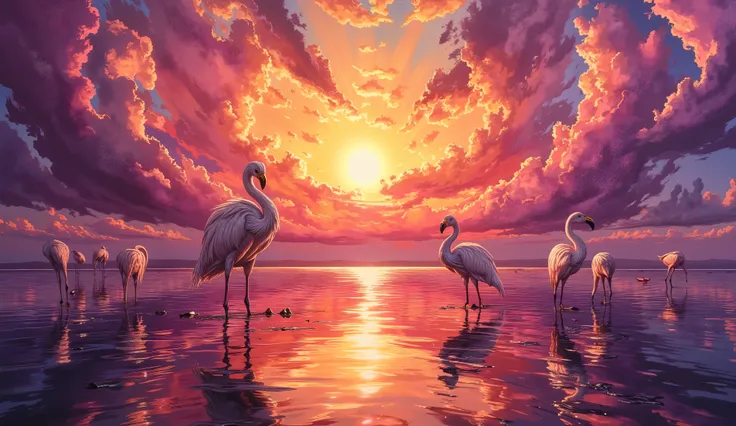 An oil painting in the Baroque chiaroscuro style, inspired by Caravaggio, depicting a sunset over a lake teeming with flamingos. The sky is awash with magenta and golden hues, reflecting on the tranquil water. The flamingos are elegantly posed, with soft, ...