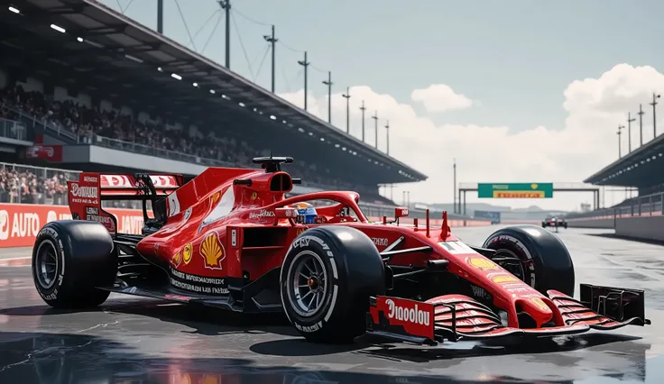 Ferrari Formula 1 car wallpaper, realistic logo, highly detailed, show full car from side view, stadium in background