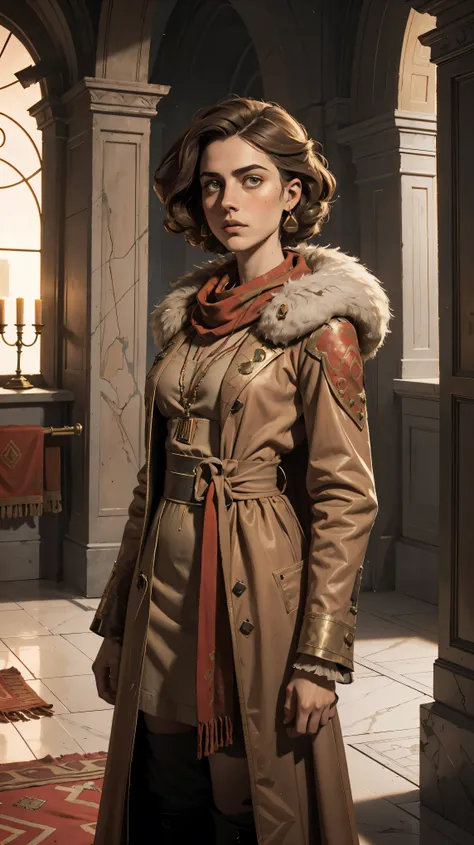 professional photo of Margaret Qualley as an empire administratum noblewoman, marqual, ulrika, perfect eyes, wearing (wearing dirty beige coburn great coat over a red desert travel dress), colorful Shemagh scarf, warhammer 40k, highly detailed, marqual, me...