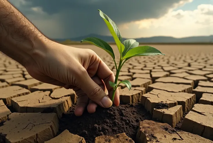 A hand planting a tiny tree in cracked earth, with a distant rainstorm promising renewal.