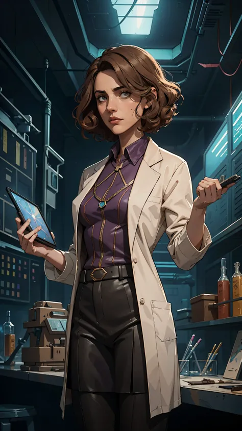 marqual, young female character in a scientist lab coat and holding futuristic tablet, medium length curly bob hair, Watercolor expressionist, disco elysium, dishonored, concept art style, dave mckeans, Warren Ellis and illustrated by Ben Templesmith, stan...
