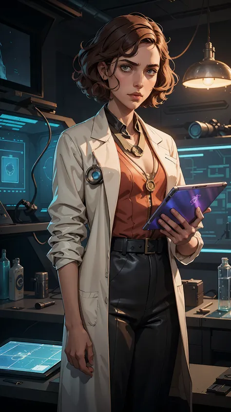 marqual, young female character in a scientist lab coat and holding futuristic tablet, medium length curly bob hair, Watercolor expressionist, disco elysium, dishonored, concept art style, dave mckeans, Warren Ellis and illustrated by Ben Templesmith, stan...