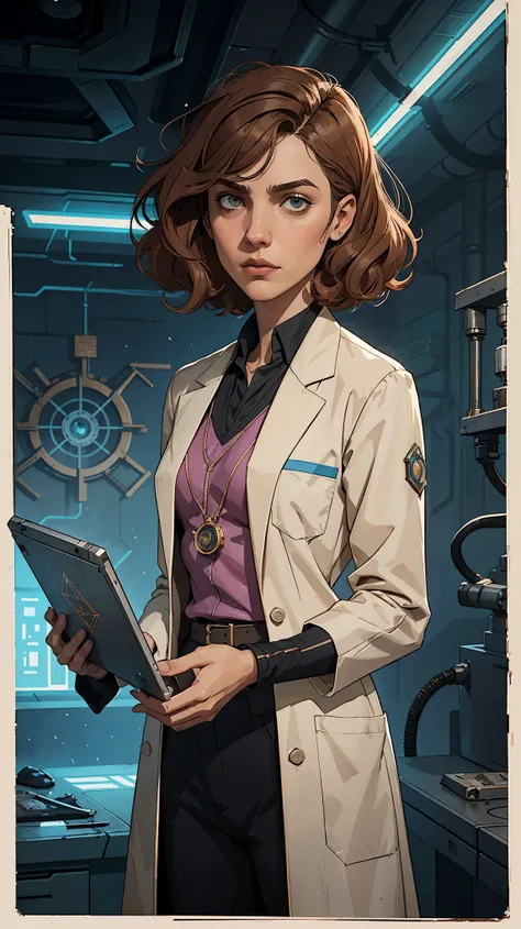 marqual, young female character in a scientist lab coat and holding futuristic tablet, medium length curly bob hair, Watercolor expressionist, disco elysium, dishonored, concept art style, dave mckeans, Warren Ellis and illustrated by Ben Templesmith, stan...