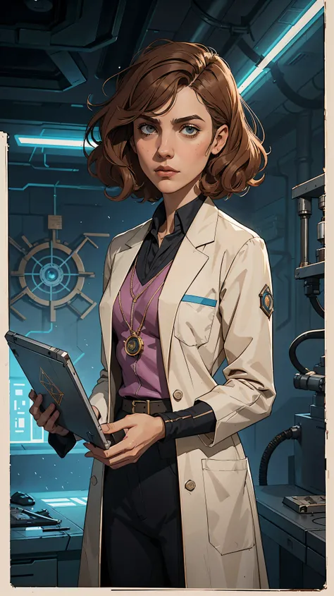 marqual, young female character in a scientist lab coat and holding futuristic tablet, medium length curly bob hair, Watercolor expressionist, disco elysium, dishonored, concept art style, dave mckeans, Warren Ellis and illustrated by Ben Templesmith, stan...
