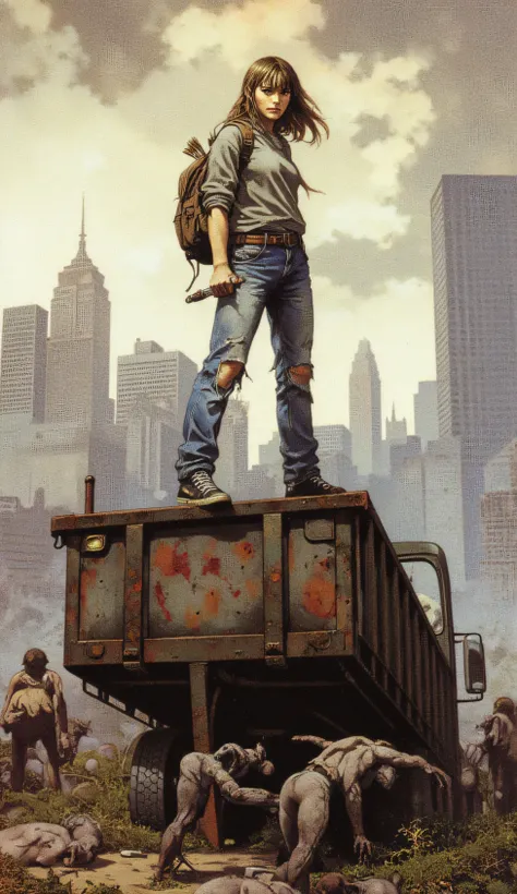 Realistic post-apocalyptic illustration, in 4K quality, using a vintage analog photography style, with a high level of detail and drama. A young Caucasian woman, sun-tanned and with tousled brown hair, stands imposingly. Her expression is fierce and determ...