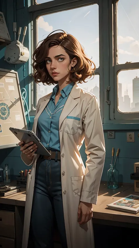 marqual, young female character in a scientist lab coat and holding futuristic tablet, medium length curly bob hair, Watercolor expressionist, disco elysium, dishonored, concept art style, dave mckeans, Warren Ellis and illustrated by Ben Templesmith, stan...
