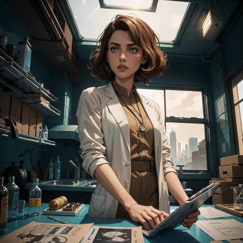 marqual, young female character in a scientist lab coat and holding futuristic tablet, medium length curly bob hair, Watercolor expressionist, disco elysium, dishonored, concept art style, dave mckeans, Warren Ellis and illustrated by Ben Templesmith, stan...