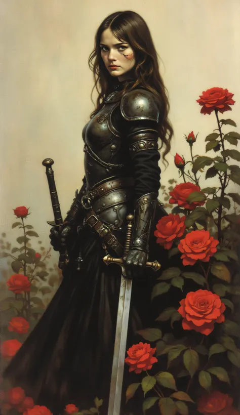 "High-quality detailed oil painting," "analog vintage photo style." (Detailed image). A beautiful warrior in black medieval armor, quite dirty from a hard battle. In her right hand, she holds an old, blunt-edged sword. Her mushroom-style hair is brown, and...