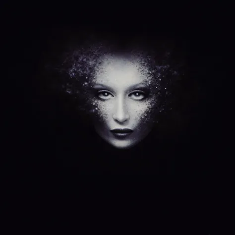 Minimalistic image. logo. A beautiful woman's face disintegrates into particles and dust. black background. The horror