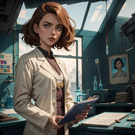 marqual, young female character in a scientist lab coat and holding futuristic tablet, medium length curly bob hair, Watercolor expressionist, disco elysium, dishonored, concept art style, dave mckeans, Warren Ellis and illustrated by Ben Templesmith, stan...