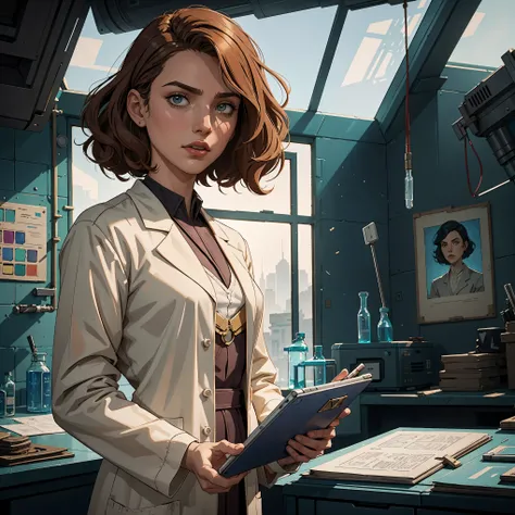 marqual, young female character in a scientist lab coat and holding futuristic tablet, medium length curly bob hair, Watercolor expressionist, disco elysium, dishonored, concept art style, dave mckeans, Warren Ellis and illustrated by Ben Templesmith, stan...