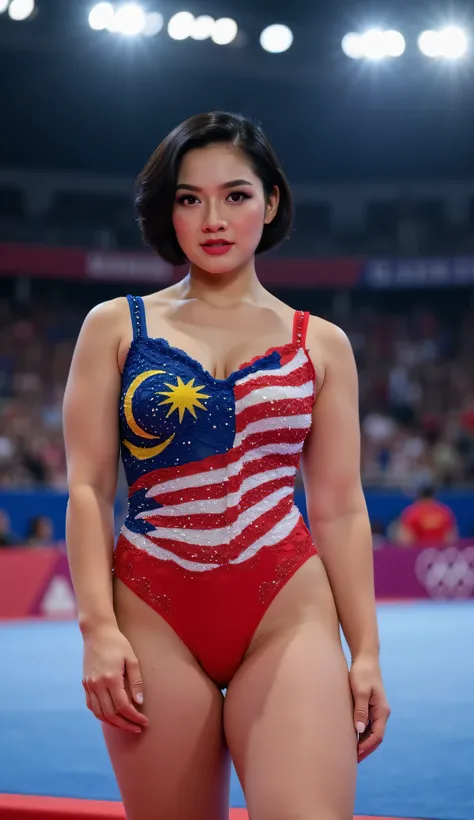 "A sexy, plump female gymnast in full gymnastics one-piece attire, standing confidently in the stage. She has short, wavy black hair, intense eyes with expertly applied eyeliner and eyeshadow, and vibrant red lipstick. Her face has ultra-detailed textures,...