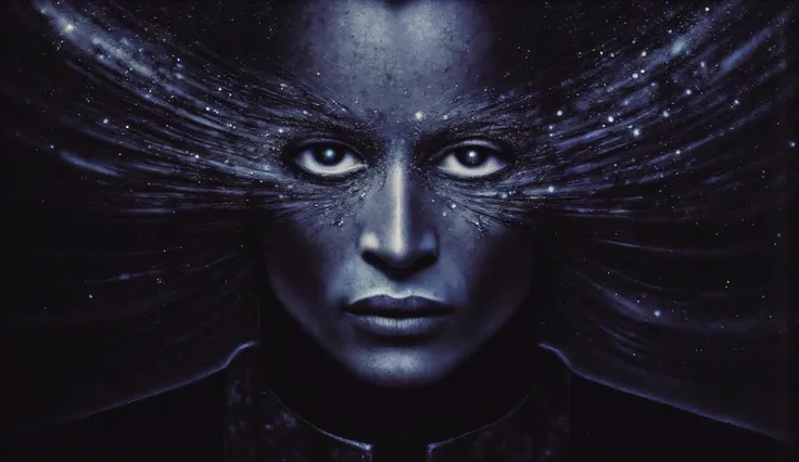 a man's face. His eyes are black cosmic holes. black background, stars
