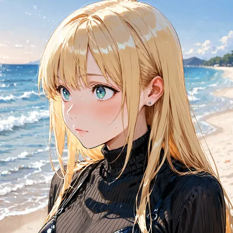 Feminine, One lean female, Blonde Hair, Black Outfit, Beach Background, Solo, Amazing Quality, Perfect Eyes
