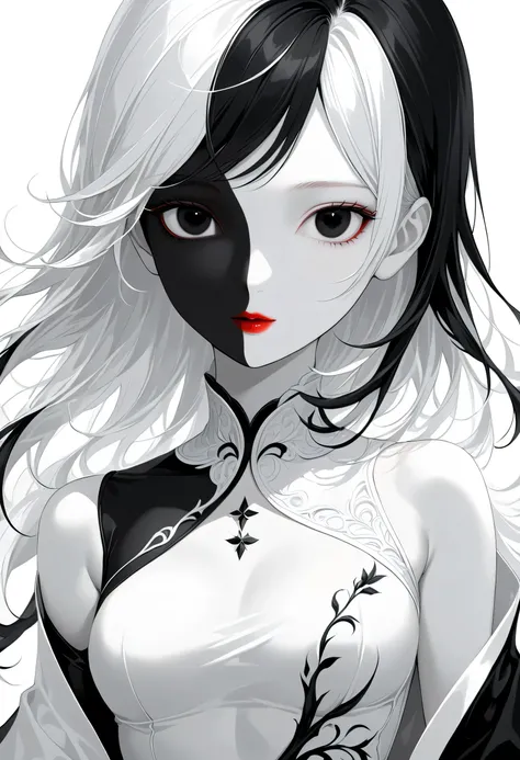 "Black and white color scheme, highly detailed, ultra-quality, monochrome illustration. A single girl (1girl) with long, half-black and half-white mixed hair. Precise black and white hair division with natural blending. Odd eyes: left eye is pure white, ri...